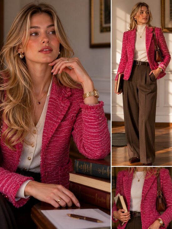 ELLE Tweed Blazer Academic Chic Preppy Jacket Jackets & Blazers - ELLE Pink/Red Tweed Blazer Jacket – Academic Chic Preppy Statement Piece